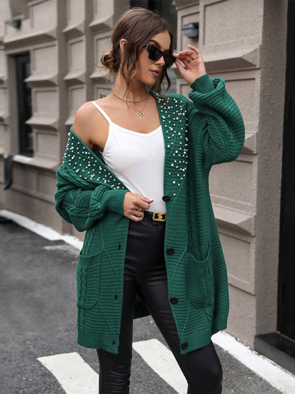 Women's dark green knitted sweater mid-length beaded sweater cardigan coat