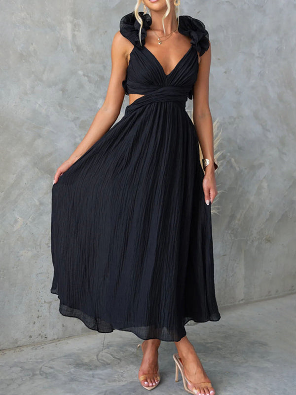 Sleeveless Solid Color Tie Pleated Skirt Dress