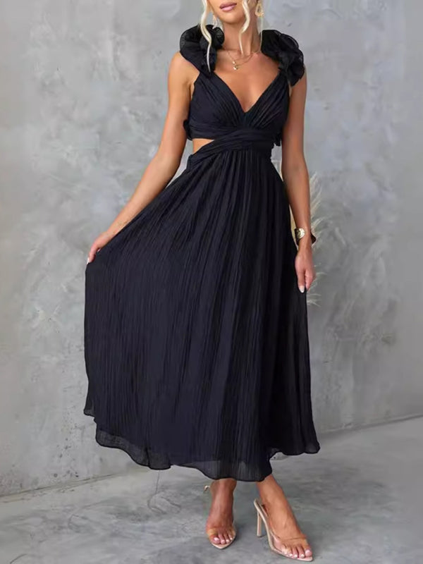 Sleeveless Solid Color Tie Pleated Skirt Dress