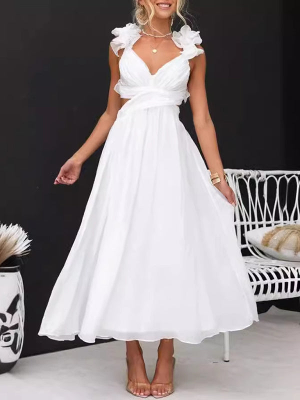 Sleeveless Solid Color Tie Pleated Skirt Dress